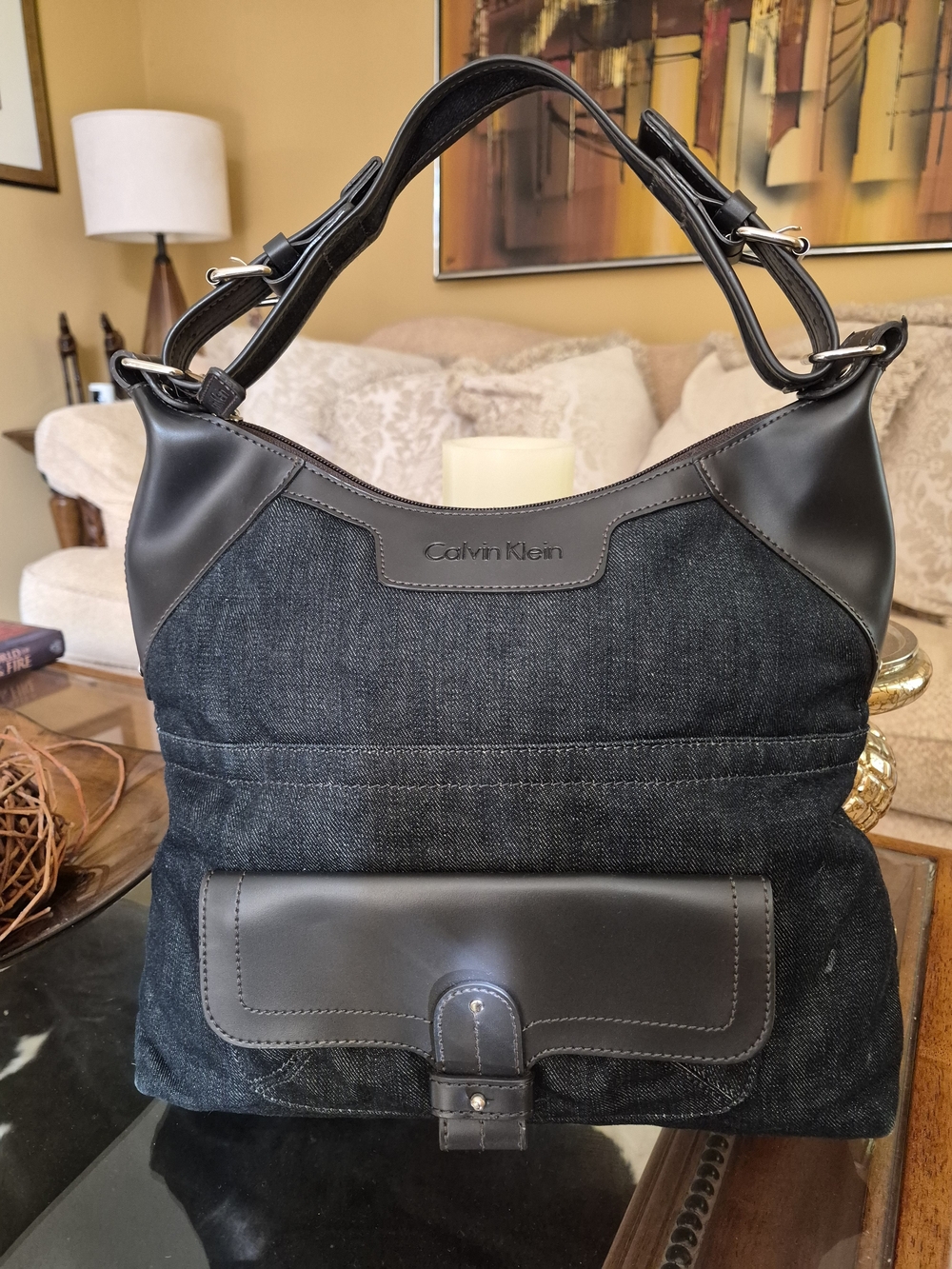 Calvin Klein Black Denim & Leather Shoulder Bag